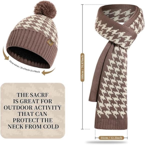 Women\'s Winter Beanie Hat Scarf and Gloves Set with Fleece Lined, Khaki main image 4